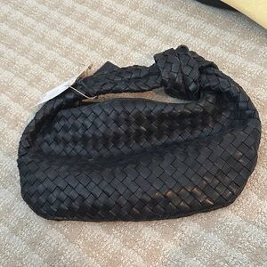 Black Woven Knot-Top Hobo Shoulder Bag